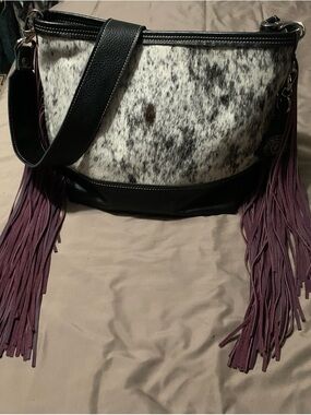 Holy Cow Couture Messenger, Fringe Accent Shoulder Bag in Black, White & Purple
